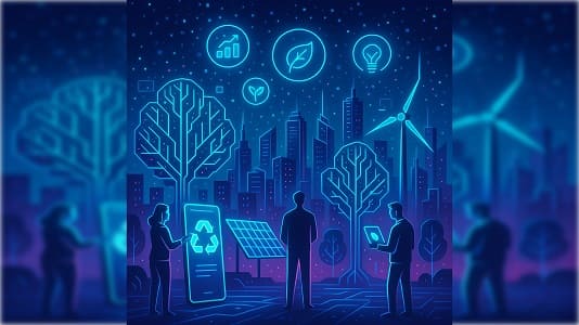 Una imagen conceptual digital sobre la sustentabilidad tecnologica. La escena muestra un entorno