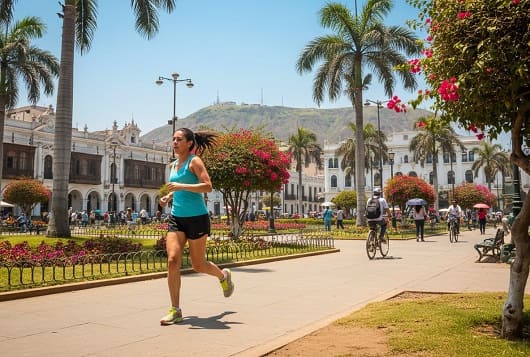 Firefly Gemini Flash mujer corriendo en parque de la ciudad de Lima con sol de medio di╠ua en verano 5955391
