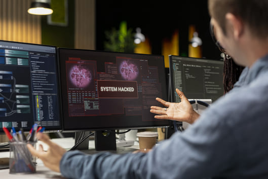 Recomendaciones para protegerse de los ciberataques con IA 1 close up system administrators office trying fix hacking attempt corporate network tech11